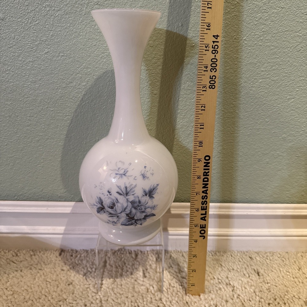 Vintage Art Glass Vase White Hand Painted Blue Flowers